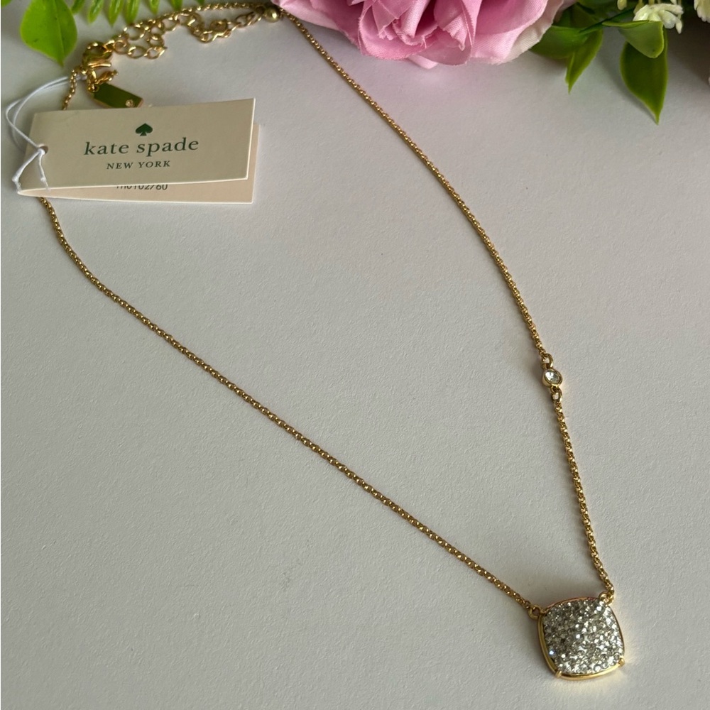 NWT Kate Spade New York Clay Pave Small Square Pendant necklace in gold - Picture 2 of 7